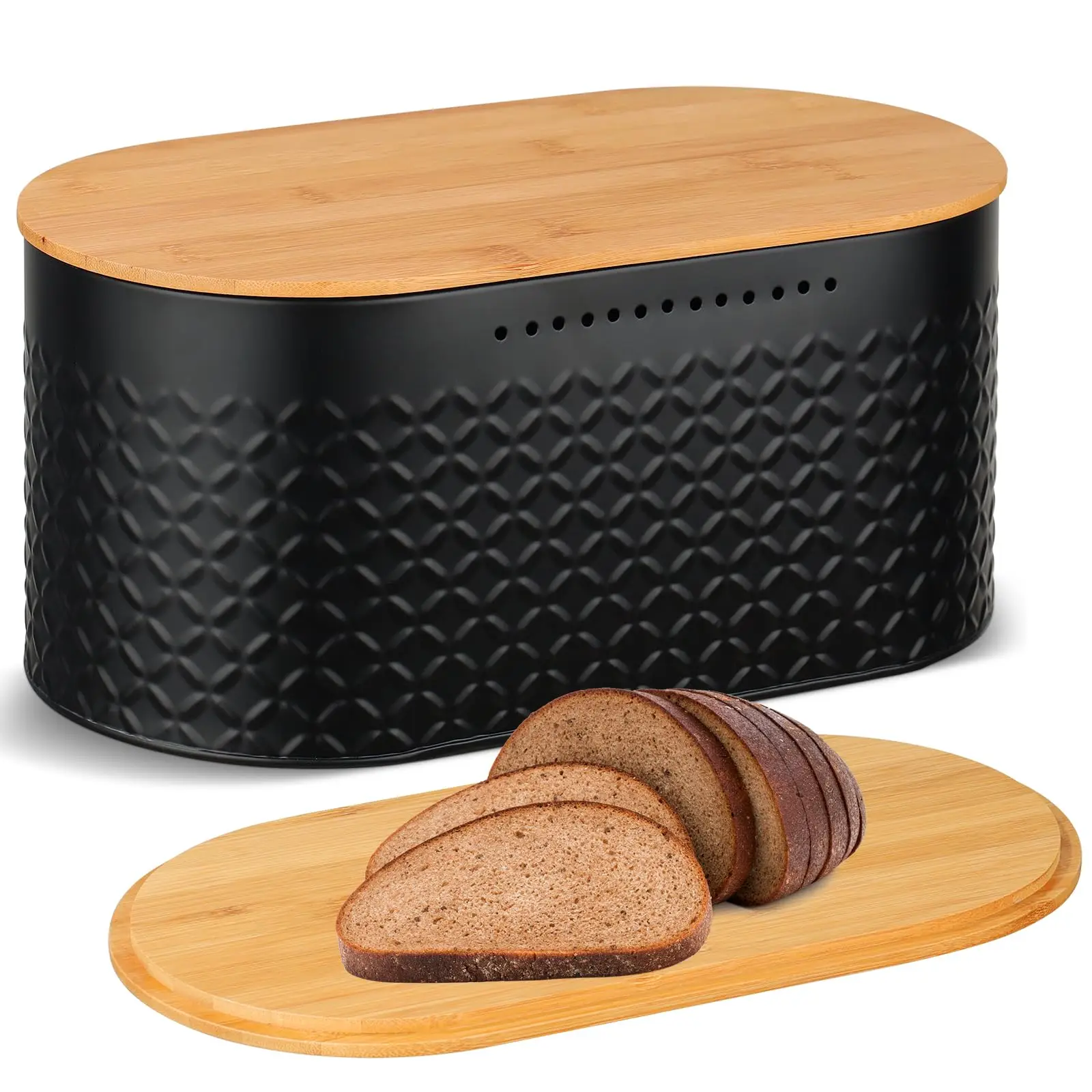 

Metal Bread Box with Reversible Bamboo Cutting Lid,Modern Bread Storage Container,Kitchen Counter Keeper Bin,Pantry Organizer