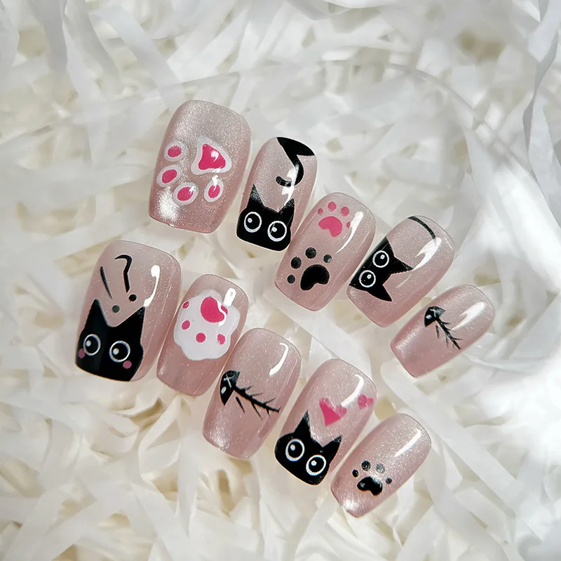 10 stuks dames schattige kat miauw print druk op nagels afneembare schattige nepnagels kitten afneembare nail art nagel patch korte nail art
