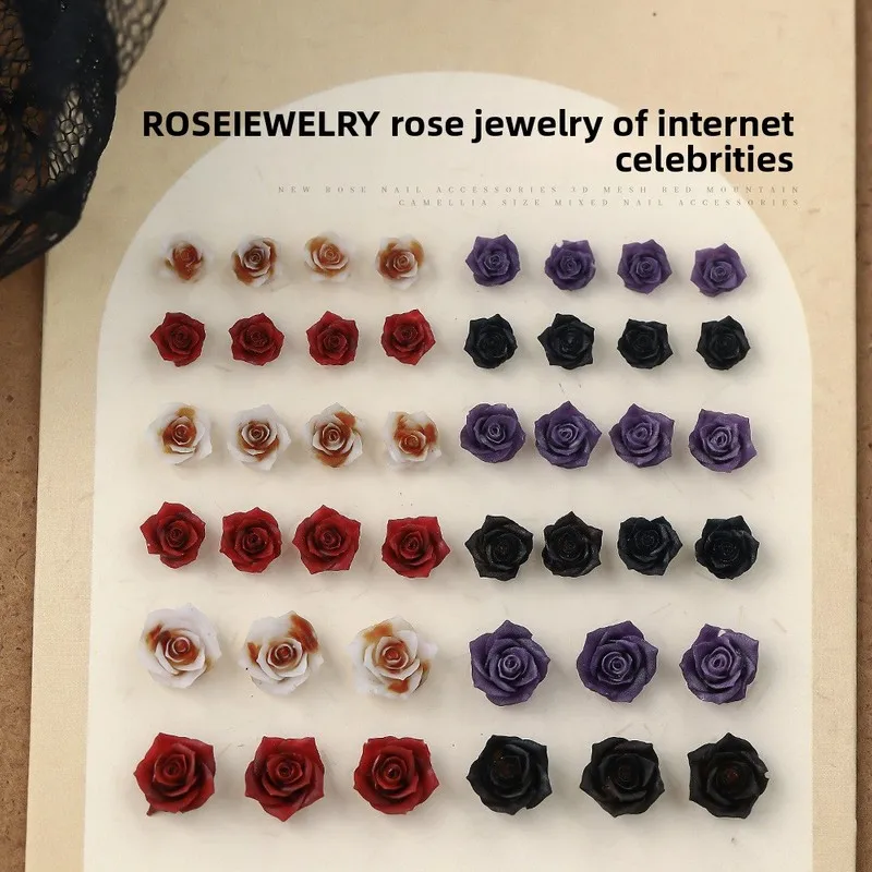 LYLE 100Pcs Rose Nail Charms Bestseller Wine Red 3D Resin Camellia Mixed Pack Maillard Press-on Nail Art Accessories