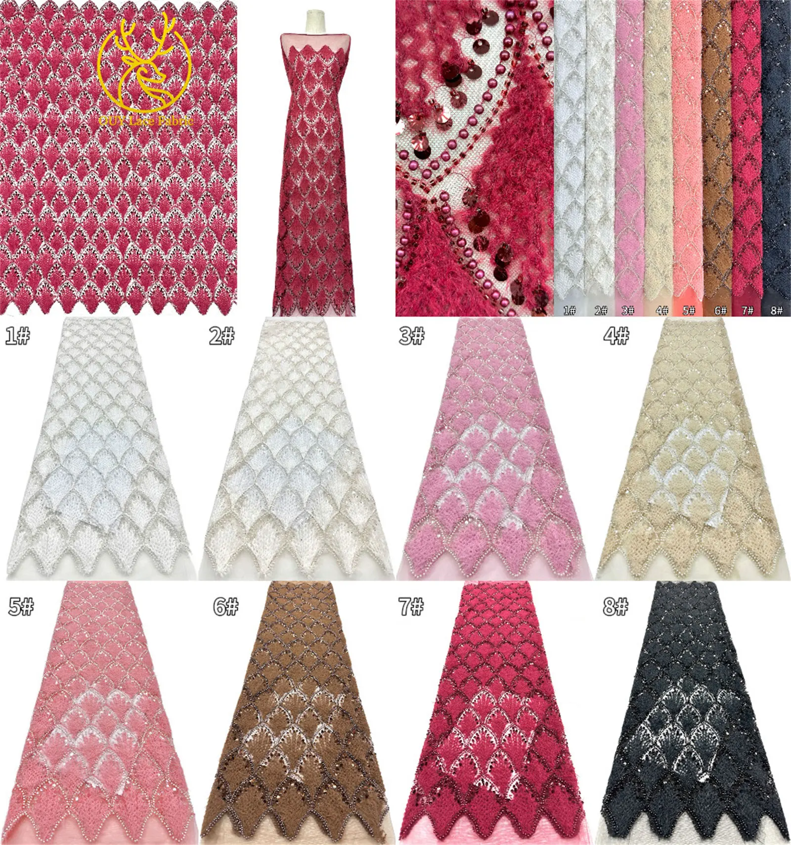 Hochwertiger 3D Nigerianischer Pailletten-Tüll-Spitzenstoff, 5 Yards, afrikanischer handgefertigter Perlen-Spitzenstoff für Damen-Partykleider zum Nähen – Detail 3
