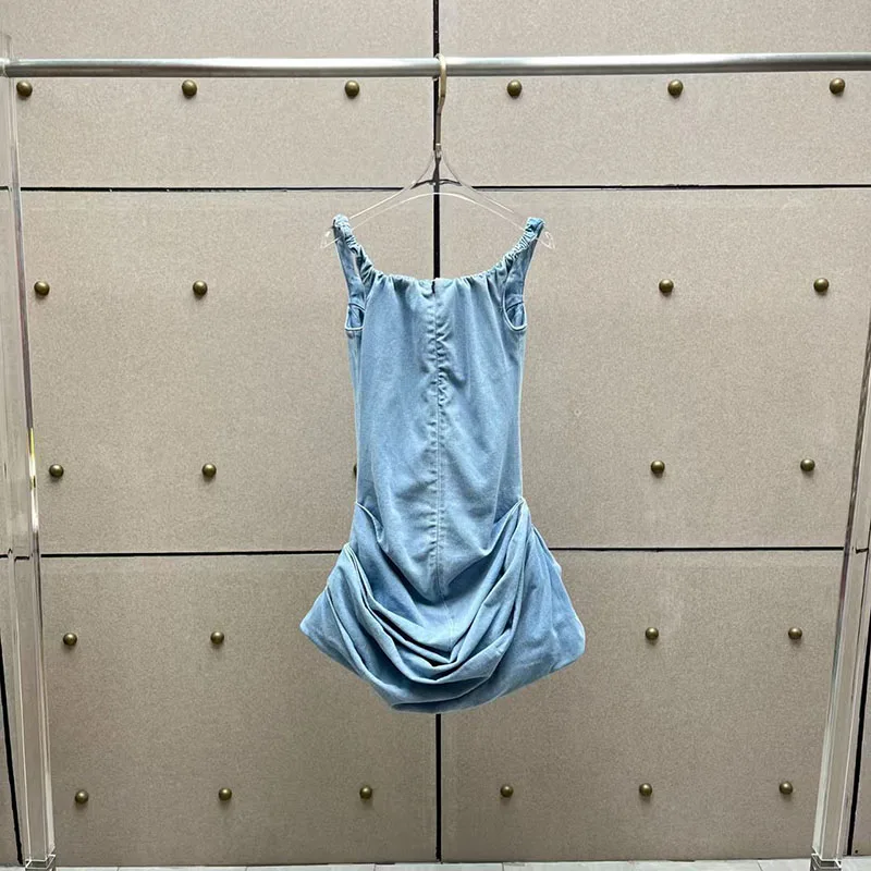 Women's gathered off-shoulder dress, sleeveless chest-wrapped one-shoulder denim washed mini skirt, high quality dress, 2026,y2k view 2