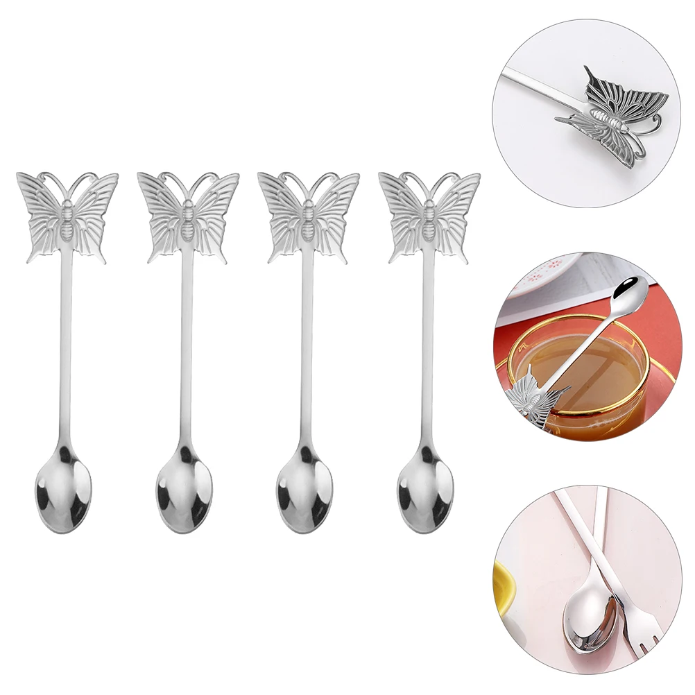 4 cucchiai creativi a forma di farfalla, cucchiai lunghi per mescolare il tè, mangia, agitatori per caffè, riutilizzabili, in acciaio inossidabile, per banchetti