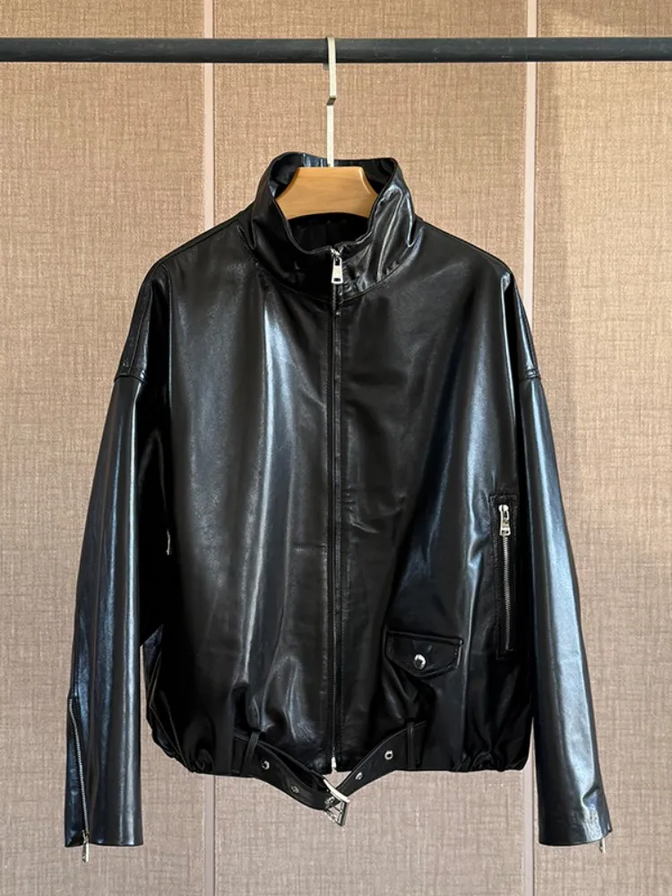 ربيع الخريف الإناث جلد طبيعي النفط الشمع سترة معطف الوقوف طوق البريدي فضفاضة تناسب جلد الغنم الطبيعي قصيرة دراجة نارية ملابس خارجية