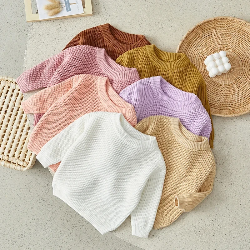 New Boys Girls Pure Color Knit Sweater Baby Kids Boys Girls Pullover Sweaters Clothes Casual Tops Kids Clothes 3M-5Y