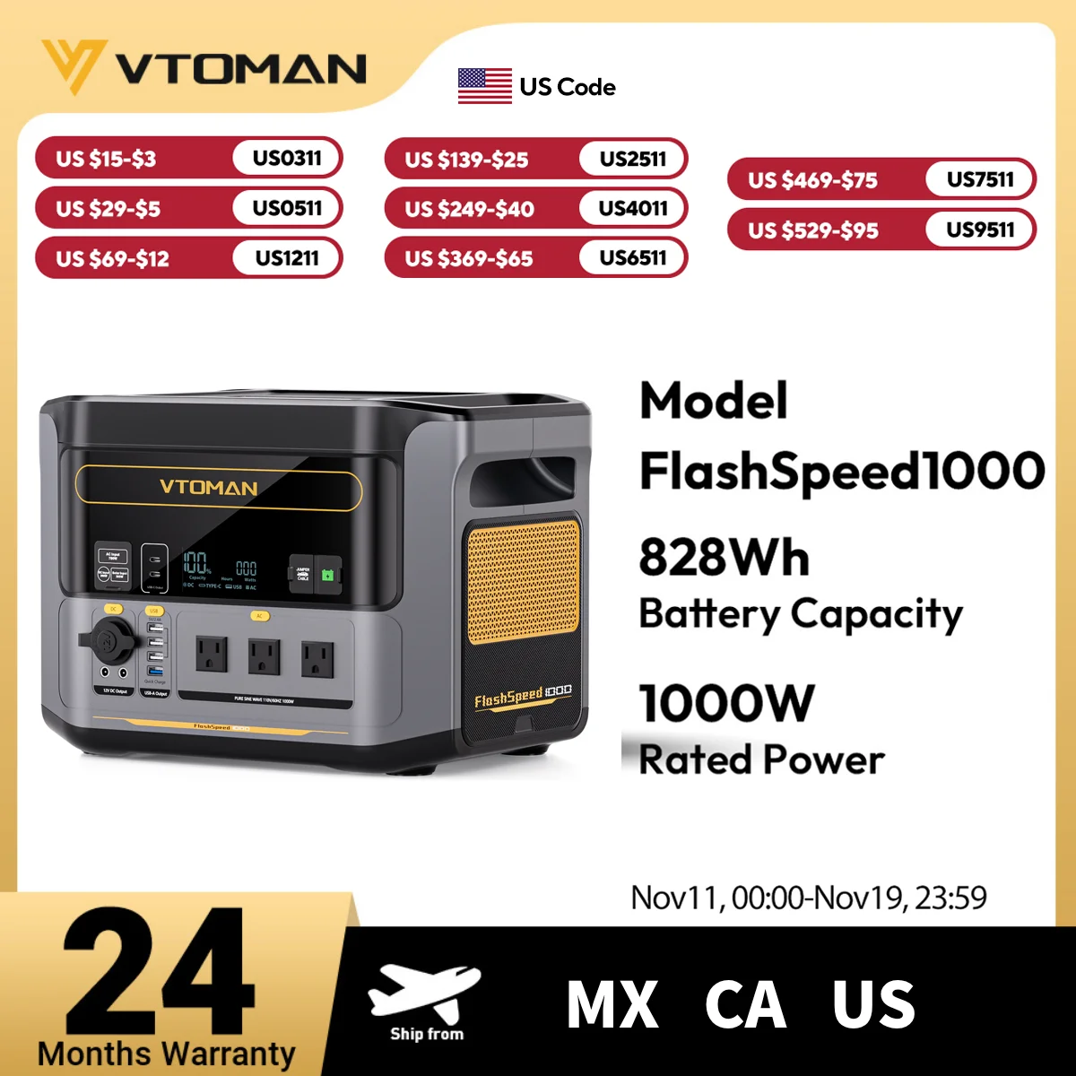 

VTOMAN FlashSpeed 1000 828Wh Portable Power Station 2000W LiFeP04 Battery Emergency Power 110V For Outdoor Camping Tent Travel