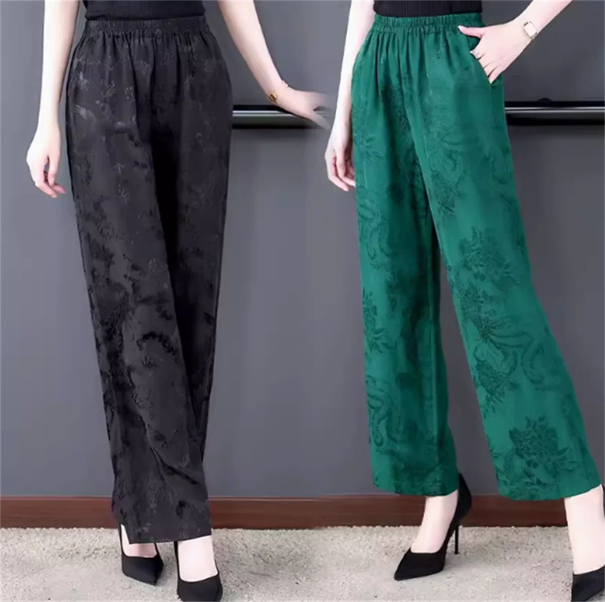 Simulated silk spring summer imitation silk retro Chinese jacquard improved Tang style pants women wide leg pants young