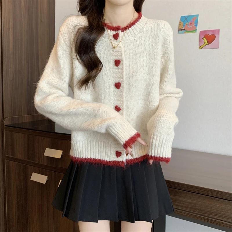 

Heart Buttons Cardigan Sweater Women Y2K Korean Contrast Color Knitted Cardigans Coat Autumn Chic Design Round Collar Outerwear