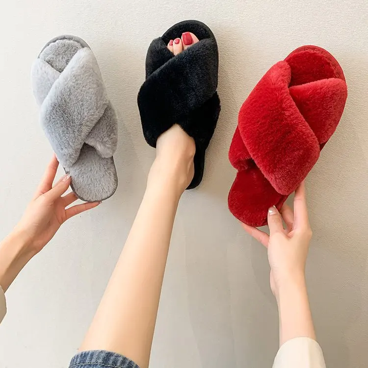 

2022 NEW Design Women Winter House Furry Slippers Women Cross Fluffy Fur Home Slides Flat Indoor Floor Shoes Ladies Flip Flops