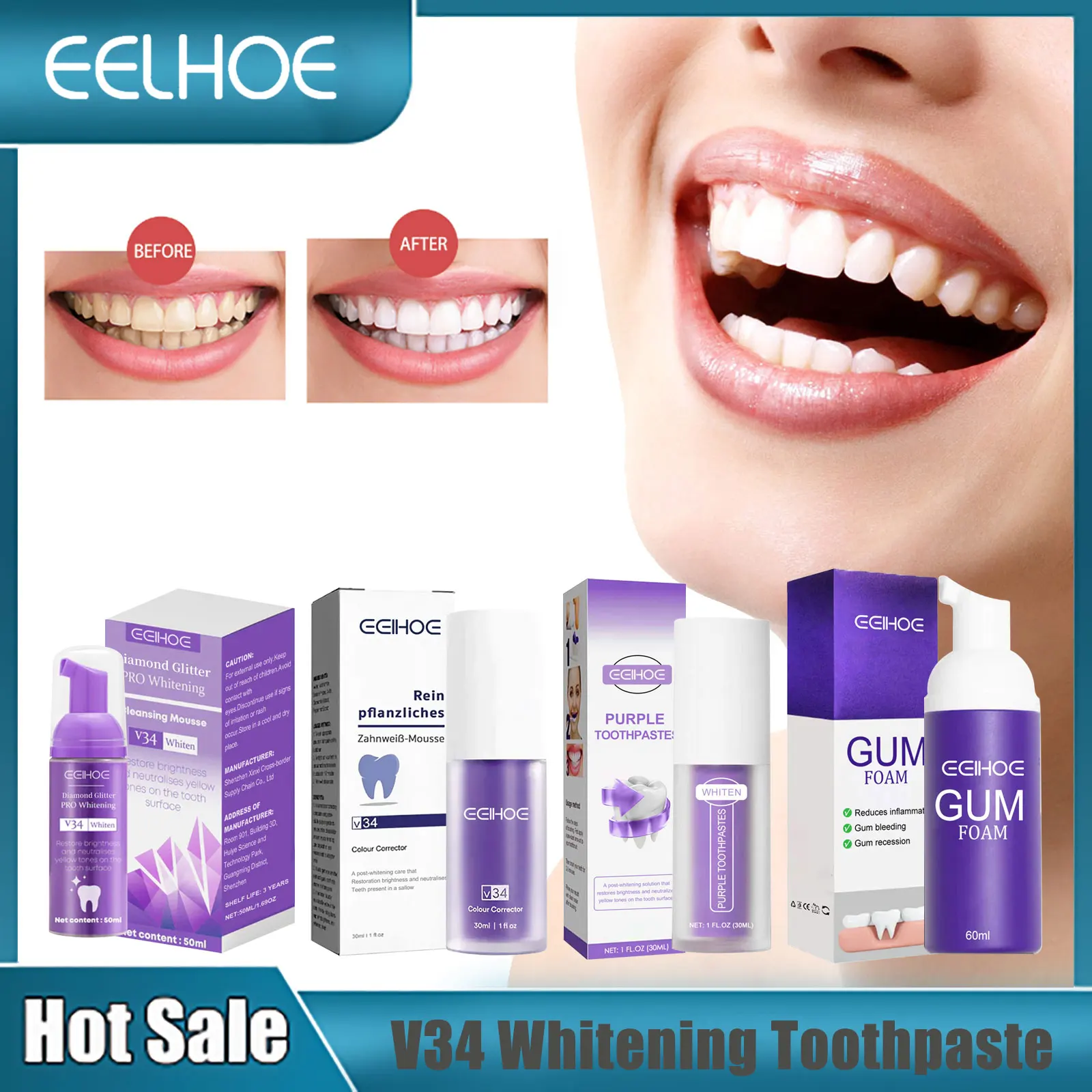 V34 Whitening Toothpaste Stain Corrector Gum Repair Toothache Relief Improve Decay Breath Fresh Oral Clean Brighten Toothpaste