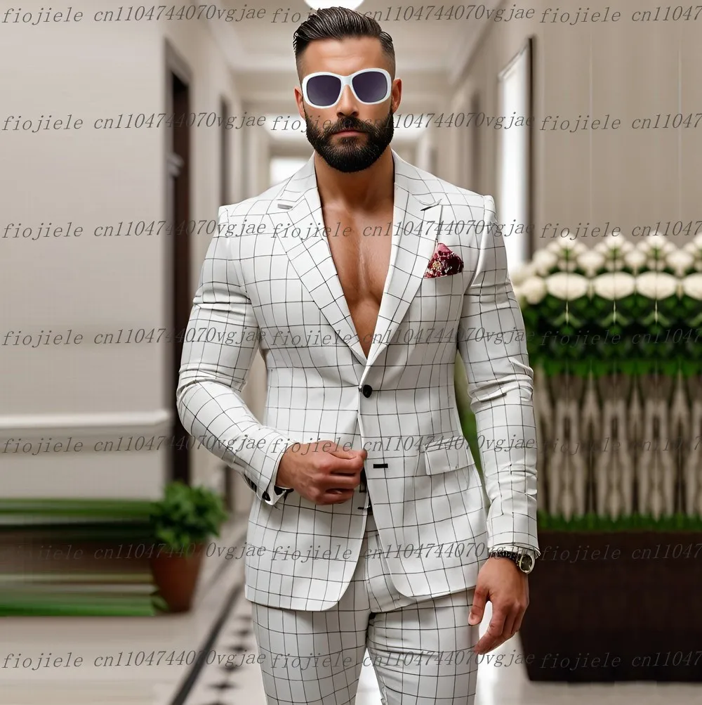 

New White Checkered Men Suit Formal Occasion Wedding Party Groom Groomsman Business Prom Male Tuxedos 2 Piece Set Jacket Pants