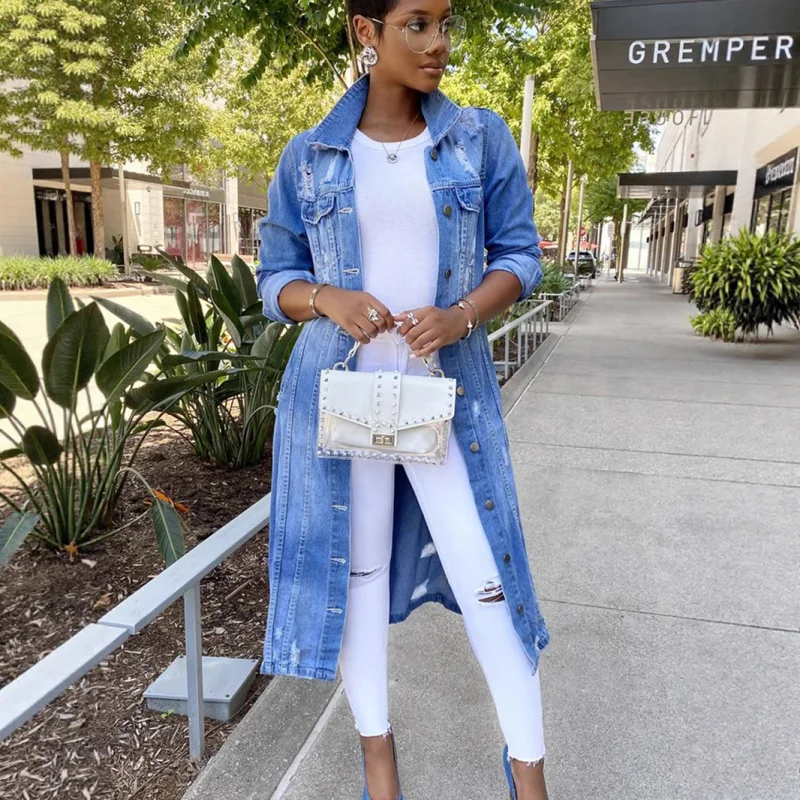 

Women's Long Distressed Denim Coat - Oversized Ripped Jacket in Trench Style for Fall Winter Outfits
