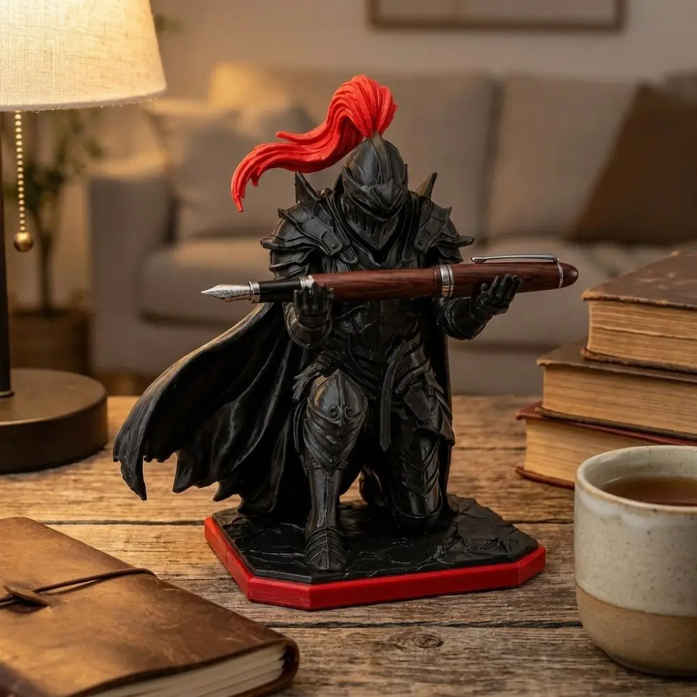 Plastic Kneeling Knight Pen Holder Statue 3D Printed Red Plume Dark Knight Desktop Pen Holder Novelty Gift