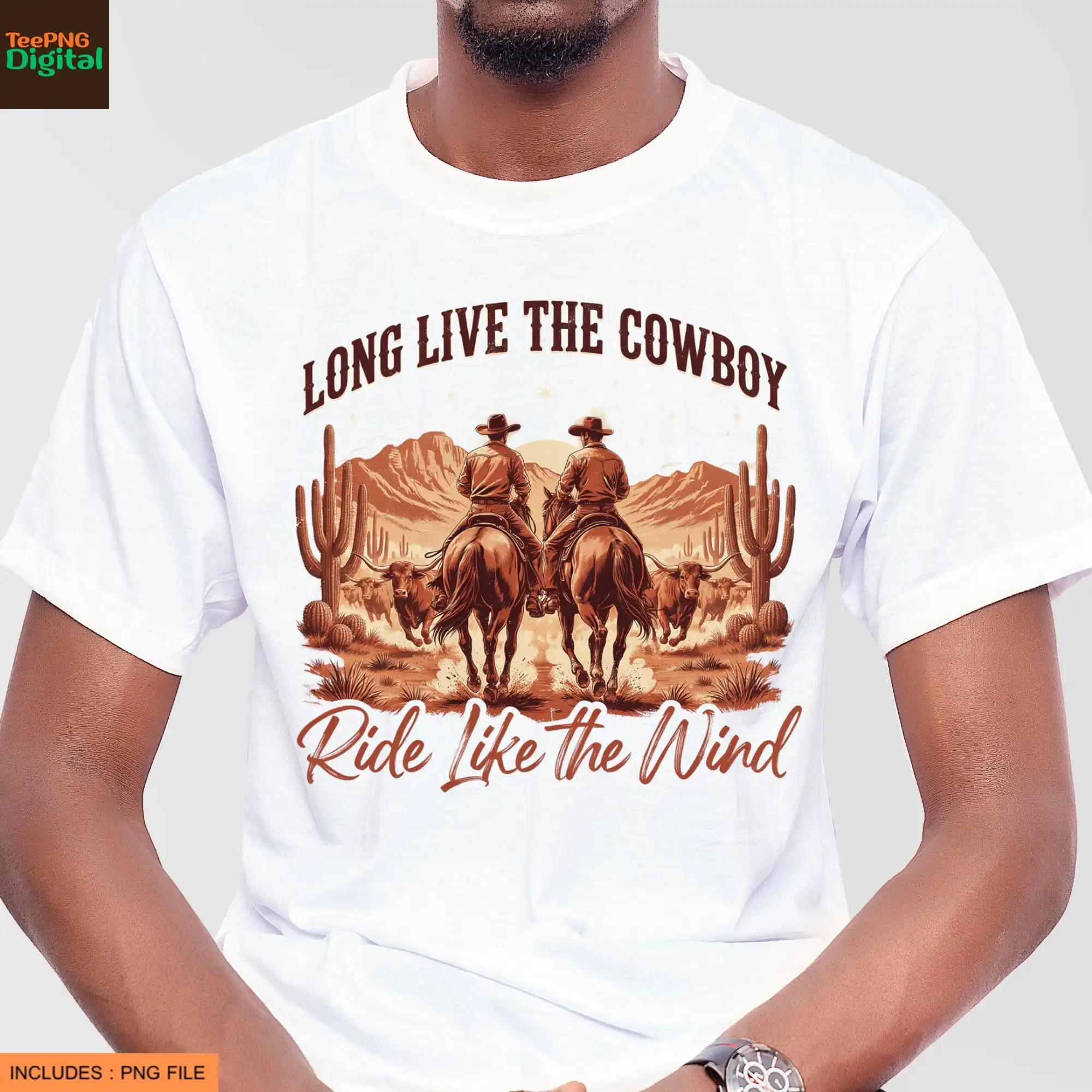 Mens Tshirt Short Dual Riding Horsemen Silhouette Caramel Sunset Disc Printed Desert Cactus Ridges Solid Black Backdrop