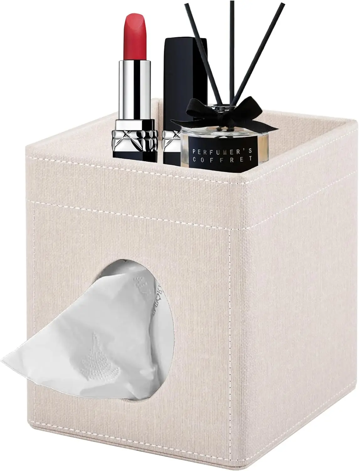 

PU Leather Tissue Box Cover with Storage Tray, Square Holder for Bathroom Vanity Bedroom Office Car, Beige