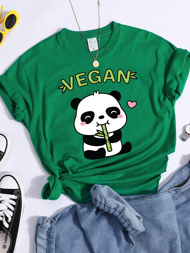 Vegan Panda Loves To Eat Bamboo Female T-Shirt Street Breathable Crop Top Casual Sweat Sport Clothes Summer O-Neck T Shirt Women