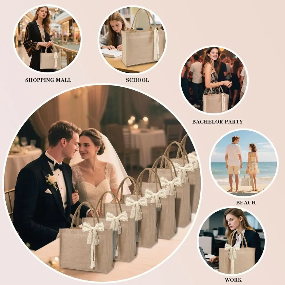 مجموعة من 12 كيسًا من الخيش المقاوم للماء مع مقابض، وحقائب بقالة قابلة لإعادة الاستخدام، 15.35 × 6 × 12 بوصة، مثالية للنساء، وصيفات العروس، Beac