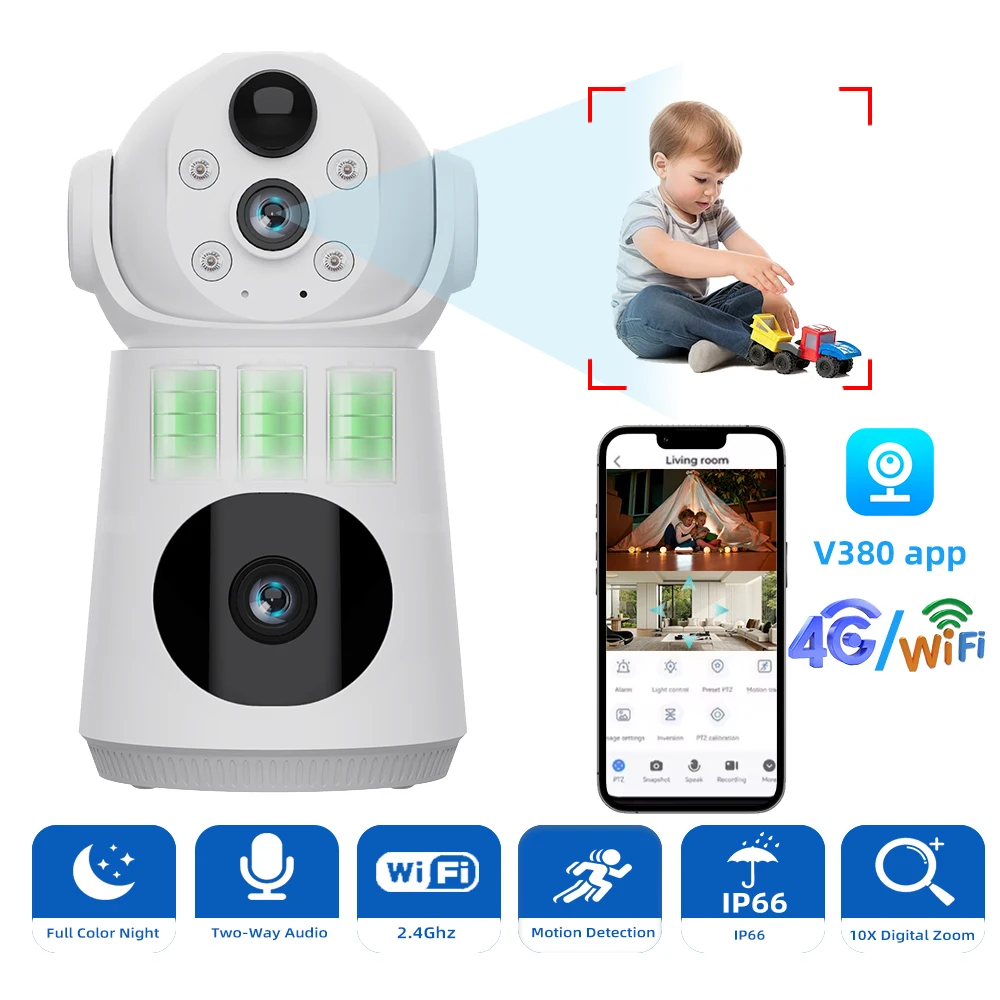 

8MP 4K Dual Lens 4G Камера Видеоняня PIR Обнаружение движения Ночное видение CCTV Безопасность Батарея Цифровая IP-камера V380