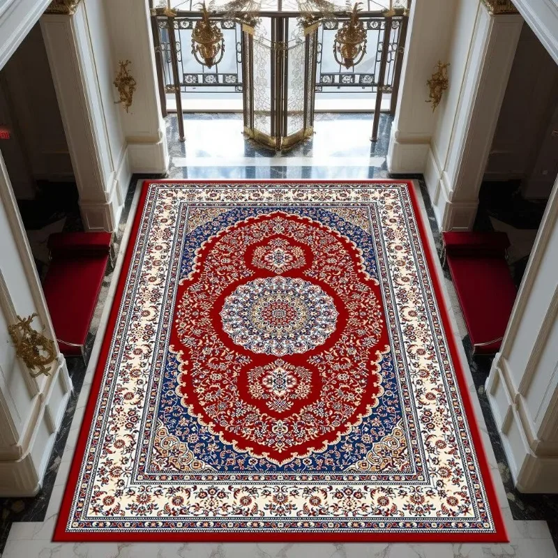 Persian Red Carpet Intricate Floral Medallion Design Gold Blue Accents Luxury Floor Rug for Grand Hallway Decor