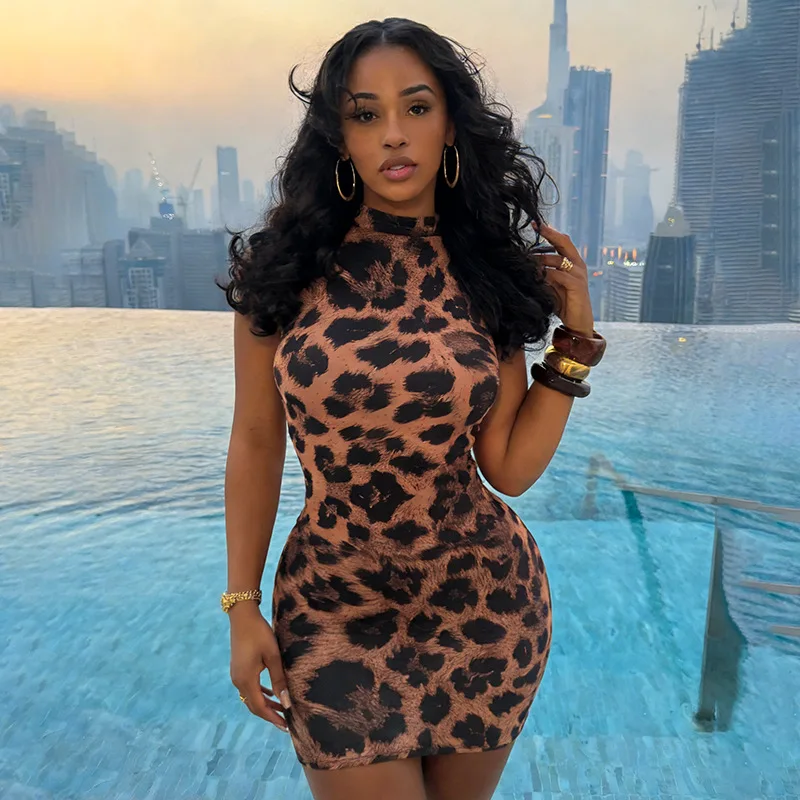 

Fashionable Hot Girl Short Dress Snake Print Women's Spring Slim Sexy O-Neck Sleeveless Mid-Waist Half-Turtle Collar Mini Dress