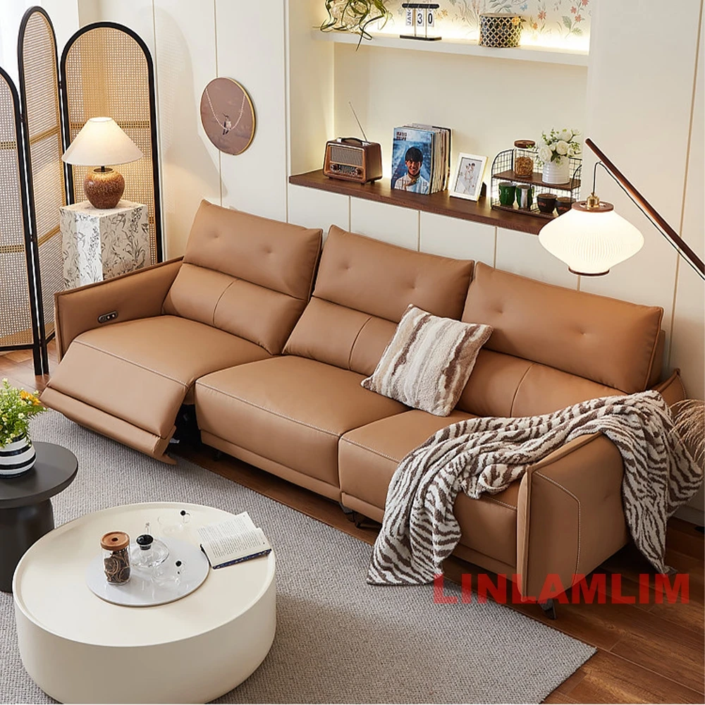 MANBAS Italian Genuine Leather Power Reclining Sofa,3 Seat Electric Recliner Couch with Ergonomic Backrest, Home Theater Seating