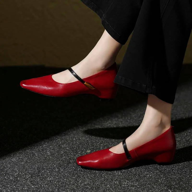 Black Red Camel Round Toe Mary Jane Hidden 4cm Mid Heel Full Grain Leather Non-slip Bean Sole Daily Handmade Women Flats F149 view 3