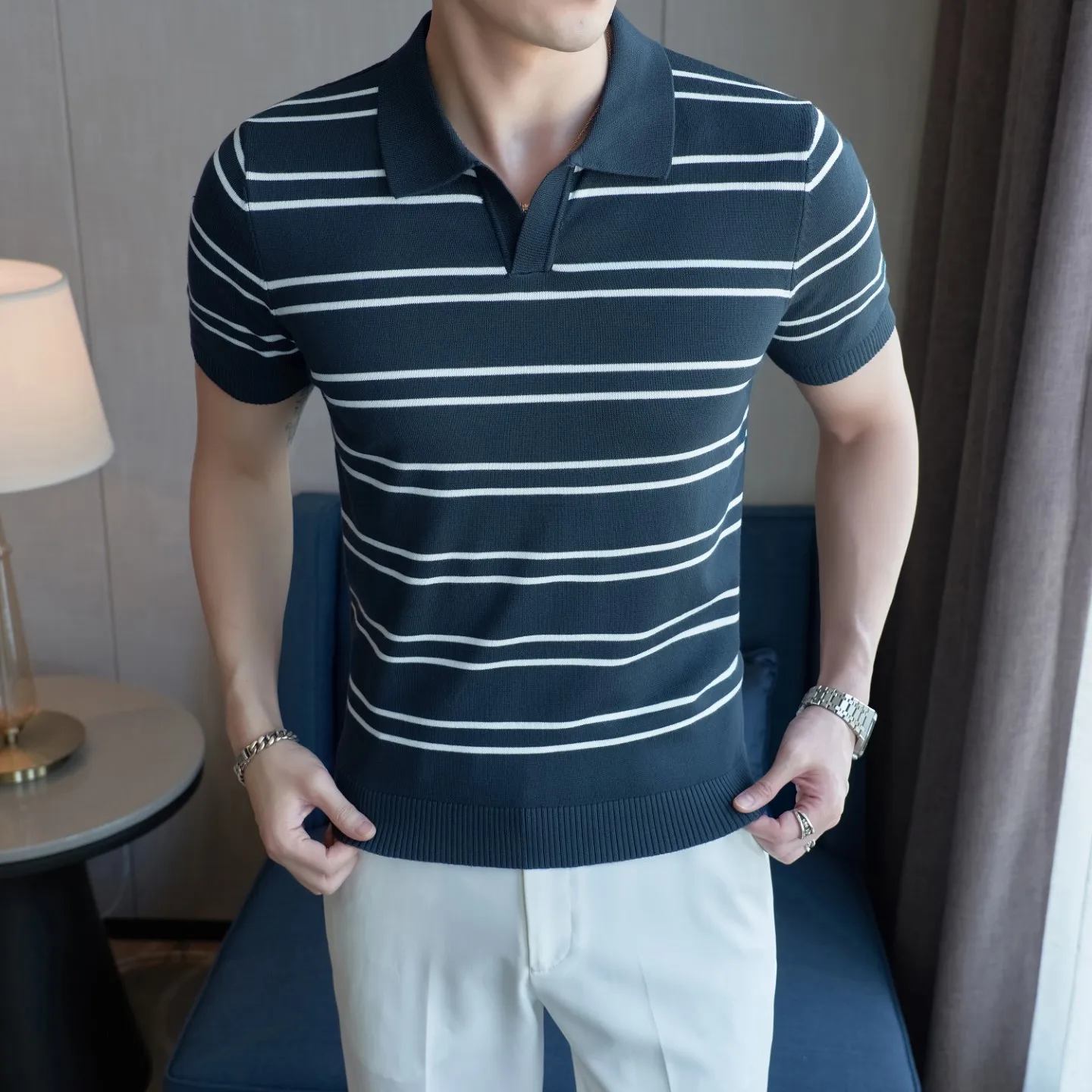 

Loose Mens Golf Shirt Knitted Simple All-match Striped Classic Lapel Polo Shirt Men's Short Sleeve 4 Colors Max Sizes S-4XL