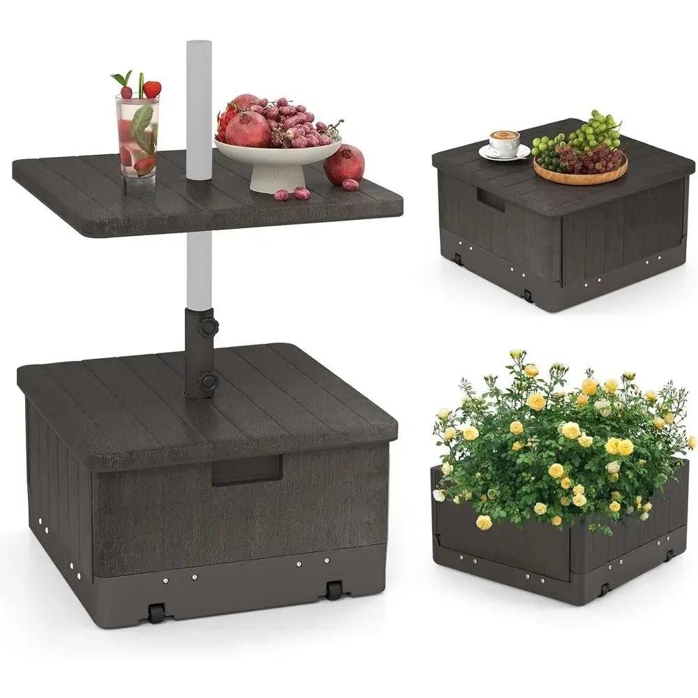 

3-in-1 Movable Patio Umbrella Base with Table Tray and Weighted Bag, Garden Coffee Table Planter Box (Brown)