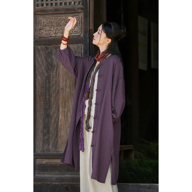 2025ใหม่มาถึงฤดูใบไม้ผลิฤดูใบไม้ร่วงผู้หญิงหลวมสบายๆวินเทจผ้าฝ้ายผ้าลินินยาวTrench O-คอเดี่ยวBreastedเสื้อเอวกว้างy103