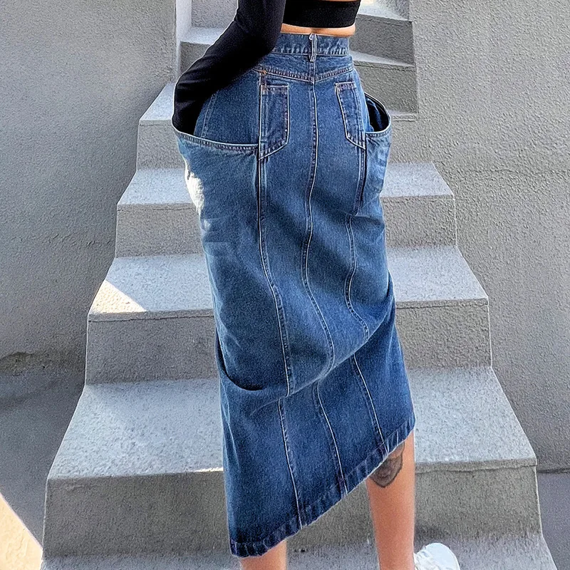 ANJY Summer New Women High Street Chic Ins Trendy Vintage Fashion Washed Exaggerated Large Pockets Front Split Denim Skirt A7679