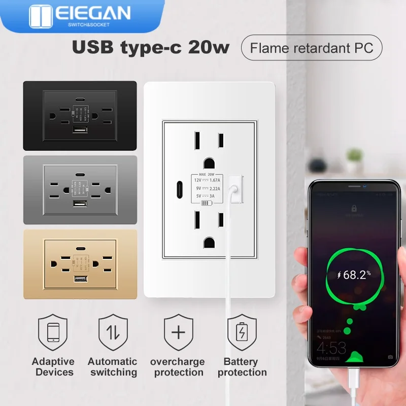 مقابس قياسية ، أجهزة منزلية ذكية حائطية ، محول قابس ، USB من النوع C ، 3.1A شحن سريع ، لوحة كمبيوتر ، 20 وات