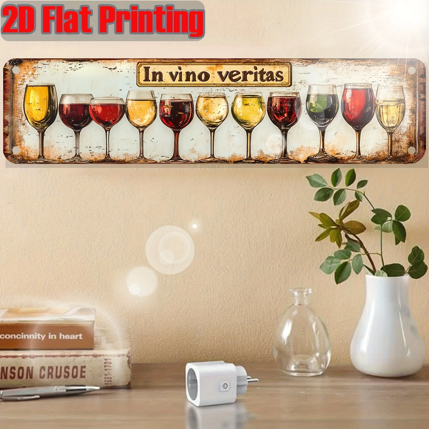 Letrero Metálico Vintage In Vino Veritas, Placa Decorativa de Pared con Copas de Vino Retro, Impresión Plana 2D, Arte Clásico para Bar, Pub o Cocina