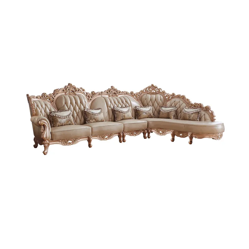 

European corner sofa living room corner leather solid wood carving flower leather with concubine chair corner sofa