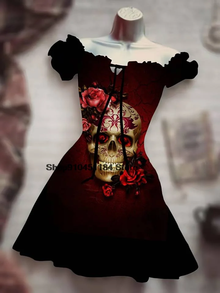 Summer 2022 Mid Waist Ladies Drawstring Dress Horror Halloween Skull Pringing Puff Sleeve Costume Rose Skull Night Clothes