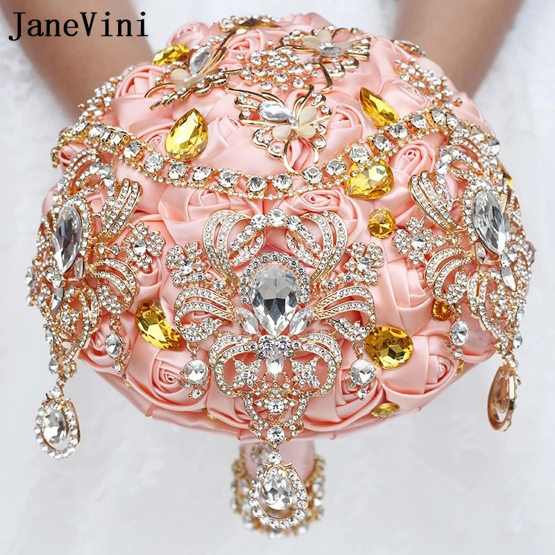 JaneVini-ramo de novia de cristal con piedras preciosas ostentosas, flores con cuentas de diamantes de imitación para boda, rosas de satén, ramos de mano para novia, Fleurs Du Marié