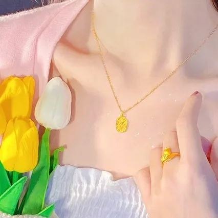 New pure gold 24K tulip necklace clavicle chain 999 retro romantic pendant AU750 pendant as a gift for your girlfriend