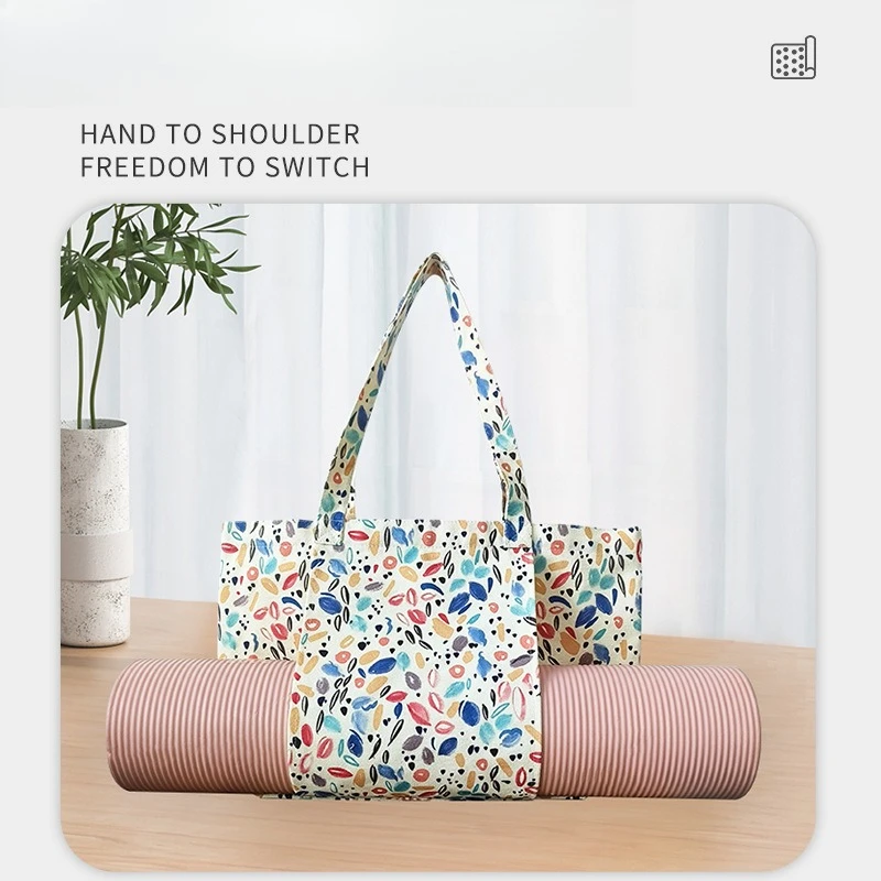 Floral Print Canvas Yoga Mat Tote Bag Pilates Mat Storage Handbag Large Capacity Yoga Mat Bag Outdoor Fitness Travel Carry Bag