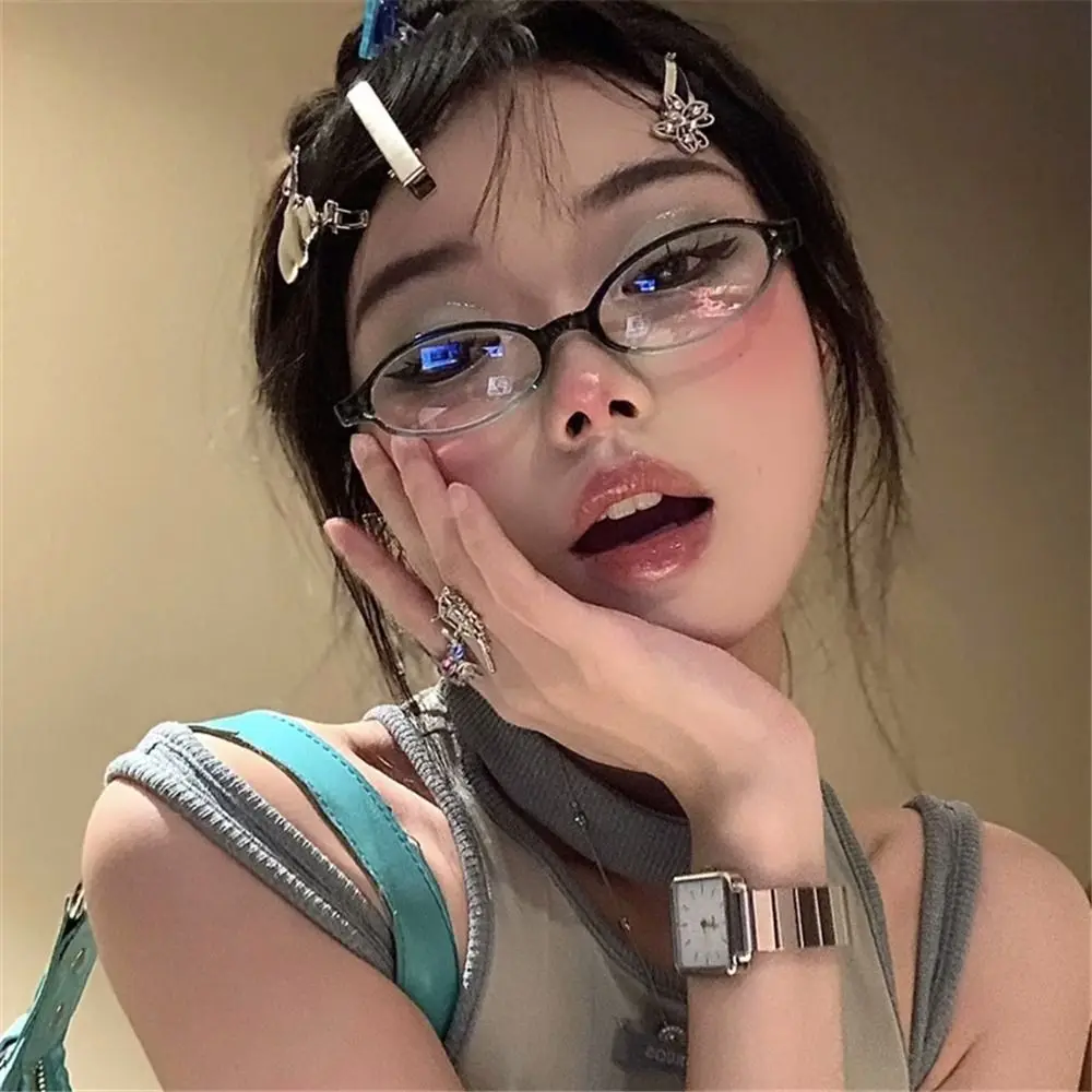 Vintage Small Oval Frame Japan Spicy Girl Glasses Frame INS Style No Makeup Plain Glasses Y2K Eyewear for Women
