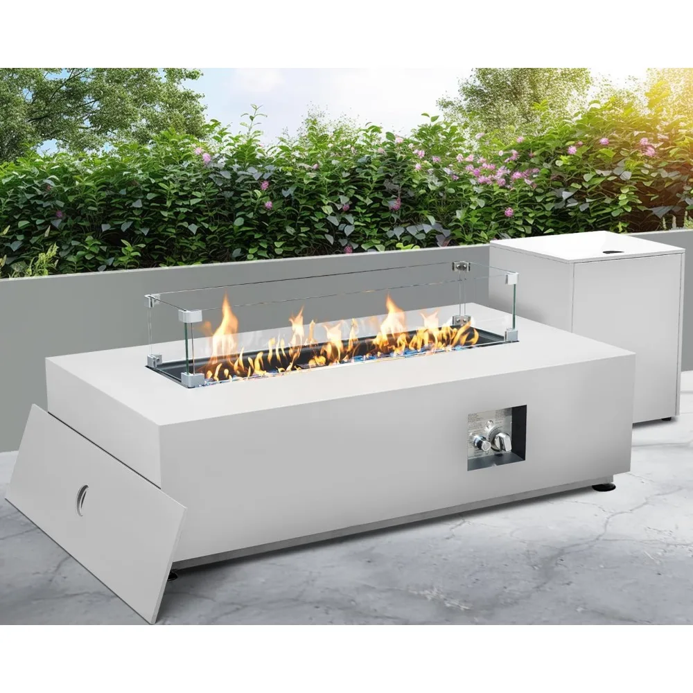 Mesa moderna para fogueira retangular de 42 polegadas com base de tanque, aquecedor de pátio de perfil baixo, 50.000 BTU