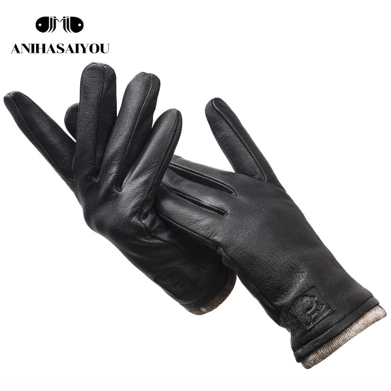 New Winter man sheepskin men\'s winter gloves,warm soft winter leather gloves men,black Warm lining mens leather gloves-8011A