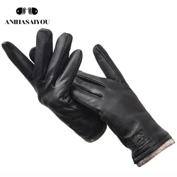 Guantes de piel de oveja para hombre, de invierno, suaves y cálidos, de cuero, color negro, Forro cálido, gloves-8011A