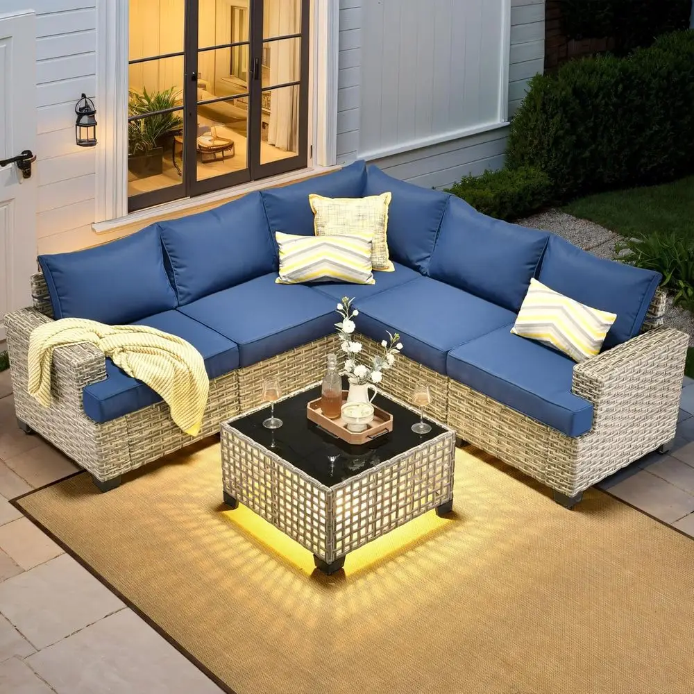 

6-Piece L-Shaped Wicker Outdoor Sectional Sofa Set with Deep Seating, Navy Blue
