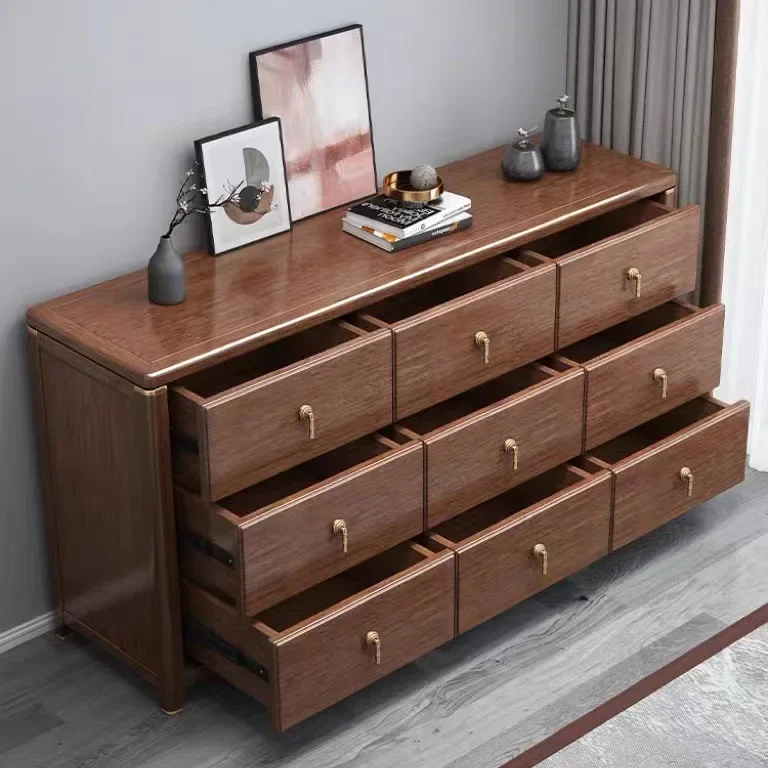 Solid wood chest, bedroom locker, walnut color master bedroom, bedside living room against the wall, new Chinese drawer storage