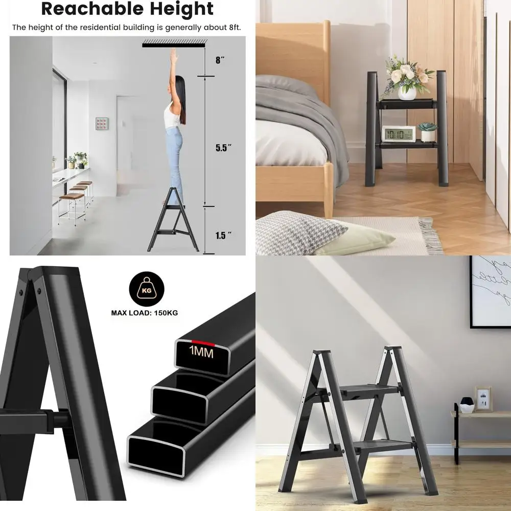 

Step Stool, 2 Step Ladder with Anti-Slip and Wide Pedal, olding Portable Iron Stepladder or Home and Kitchen, 300lbs - Black