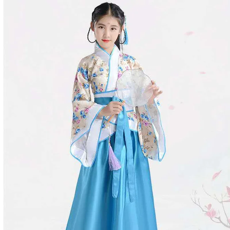 Girl Embroidery Traditional Chinese Skirt   Kimono Top Blue Lavender Pink Red Children Hanfu Chineses Elegent Hanfu Dress Kids