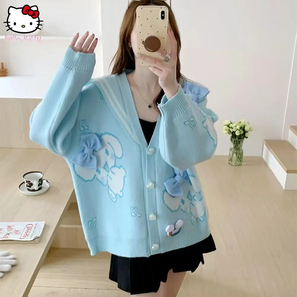 

Kawaii Sanrio вязаные топы, милая милая куртка, свободная верхняя одежда, весенне-осенний женский кардиган «Hello Kitty», свитер с героями мультфильмов для студентов