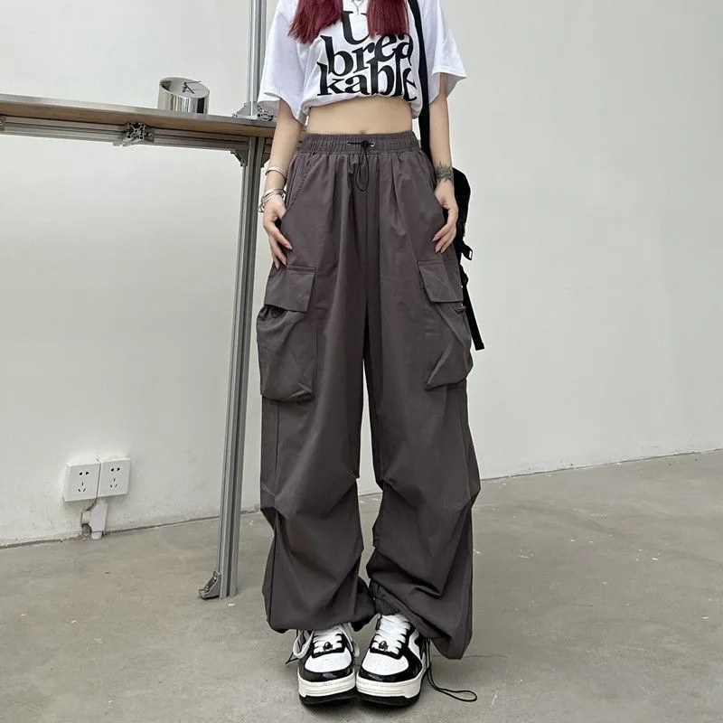 Women Streetwear Cargo Pants Elastic Waist Multi Pocket Loose Wide Leg Vintage Drawstring Casual Trousers