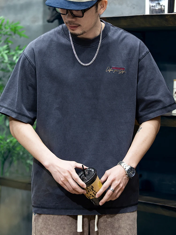 Summer Cotton T-Shirt Men's Loose Fit round Neck Short Sleeve Embroidered Heavyweight Fashion Brand Breathable Casual Top