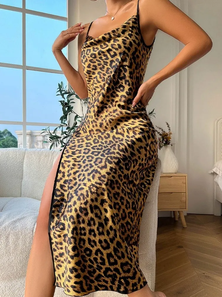 فستان نوم حريري من الساتان مطبوع عليه الفهد للنساء، ثوب نوم منقسم بدون ظهر، فستان طويل، ملابس نوم، بيجامات