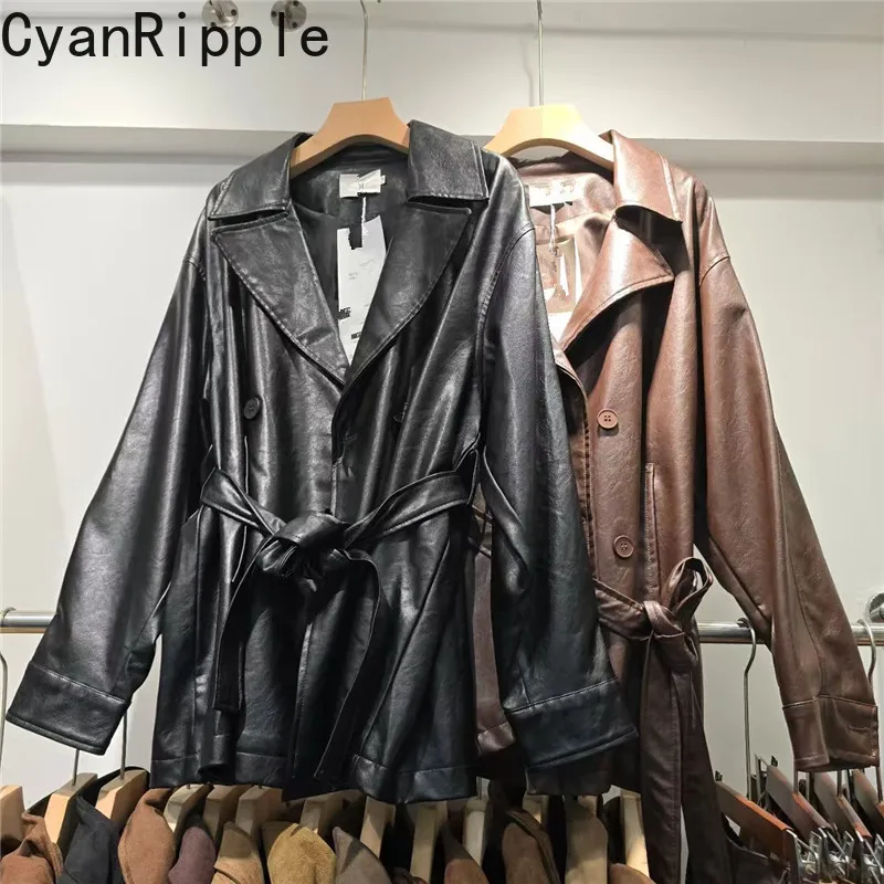 2026 New Autumn Women Leather Jacket Mid-long Loose Windbreaker Mid-long Single-breasted Long Sleeve Locomotive PU Leather Coat