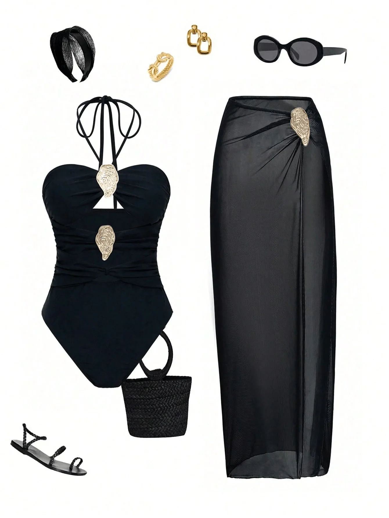 Luxuriöser, schulterfreier Badeanzug für Damen, sexy, ausgehöhlte Badebekleidung mit Patchwork-Gürtel, Strandmode-Body für 2025,